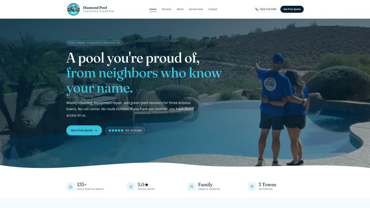 Screenshot of the Diamond Pool Care website